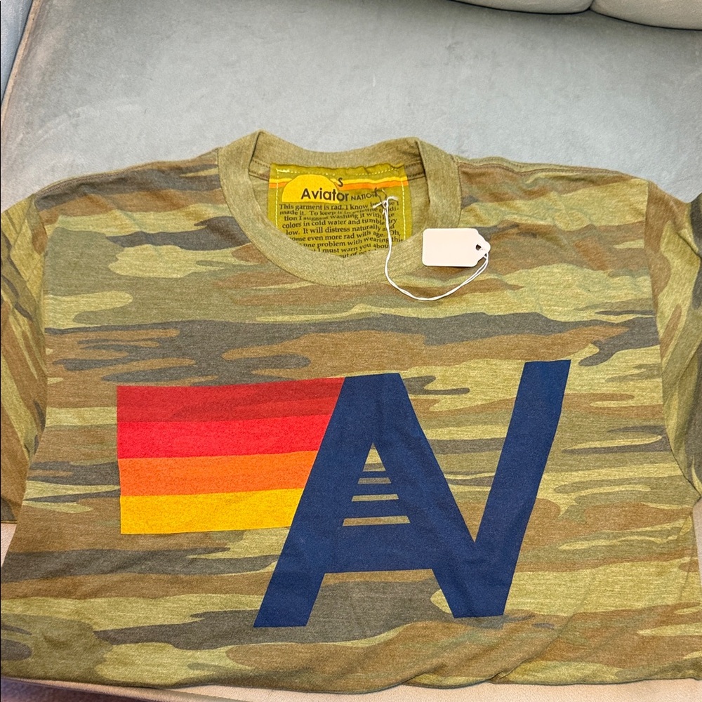 Aviator Nation Camouflage Tee with Red and Blue Graphic